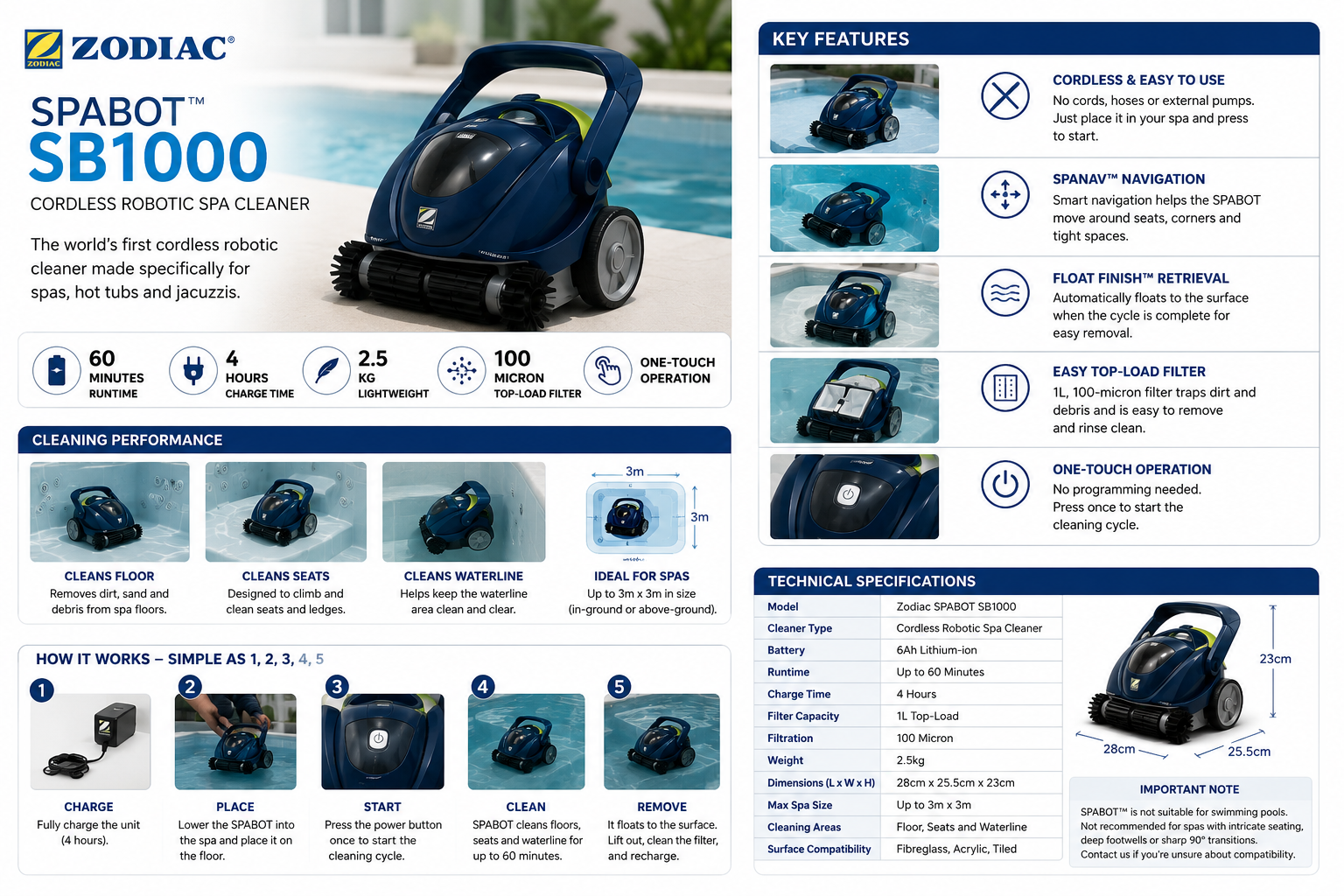 Zodiac SPABOT SB1000 Cordless Robotic Spa Cleaner NZ